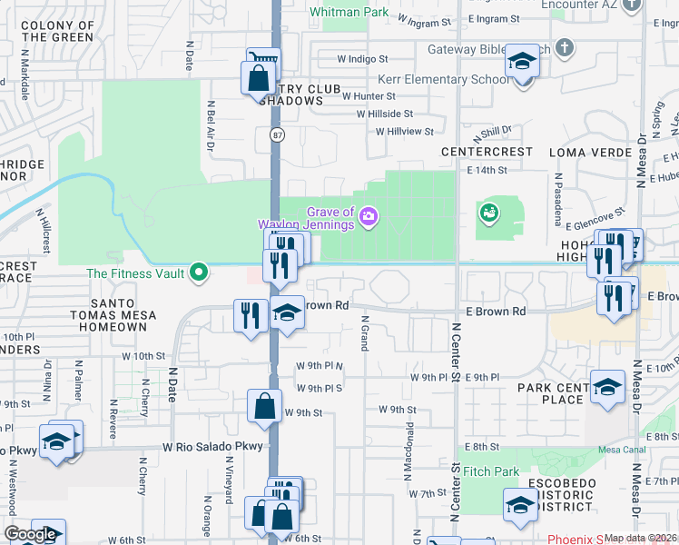 map of restaurants, bars, coffee shops, grocery stores, and more near 242 West Brown Road in Mesa