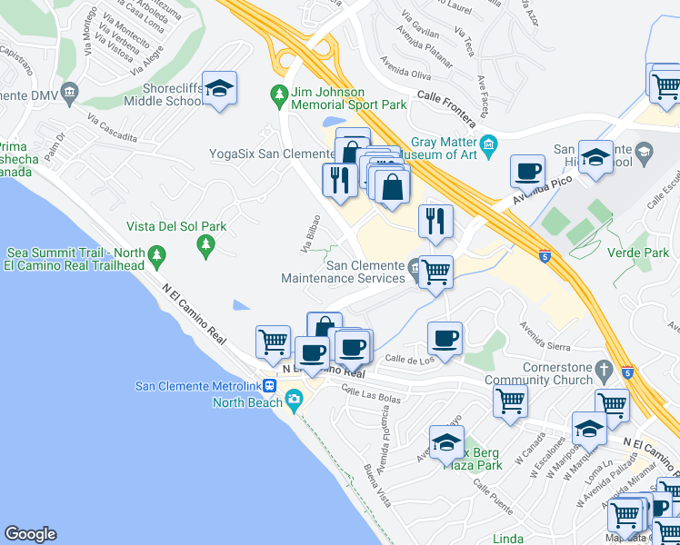 map of restaurants, bars, coffee shops, grocery stores, and more near 105 Via Salamanca in San Clemente