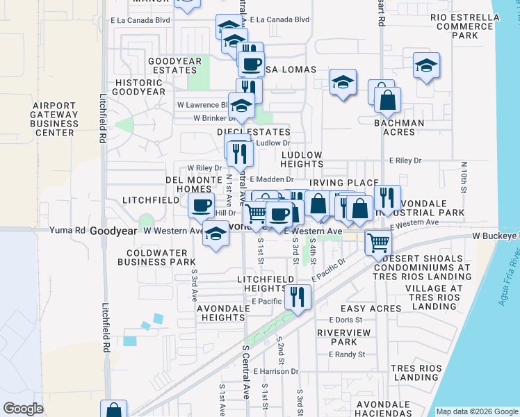 map of restaurants, bars, coffee shops, grocery stores, and more near 102 North 1st Street in Avondale