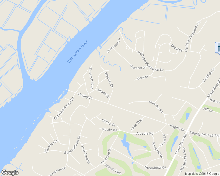 map of restaurants, bars, coffee shops, grocery stores, and more near 153 Weston Drive in Pawleys Island