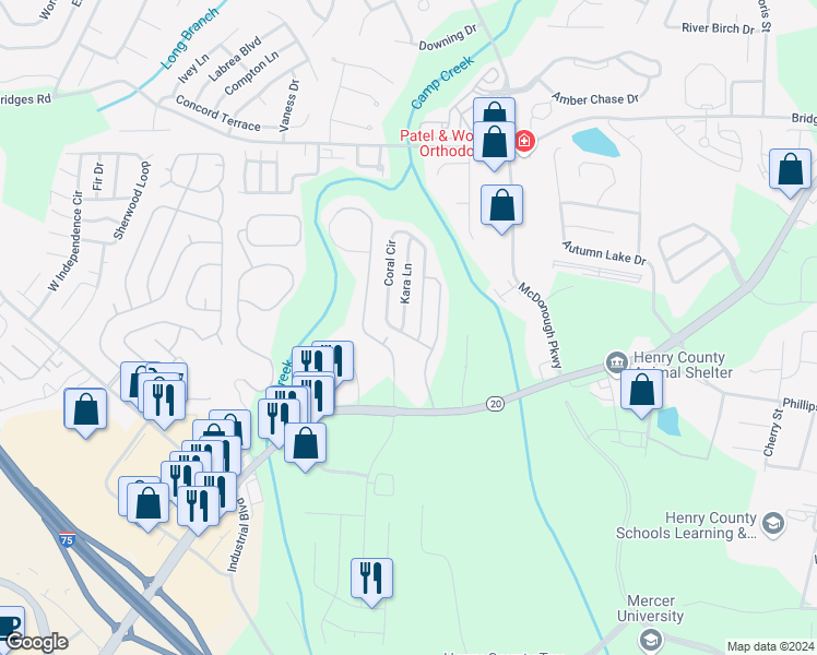 map of restaurants, bars, coffee shops, grocery stores, and more near 402 Kara Lane in McDonough
