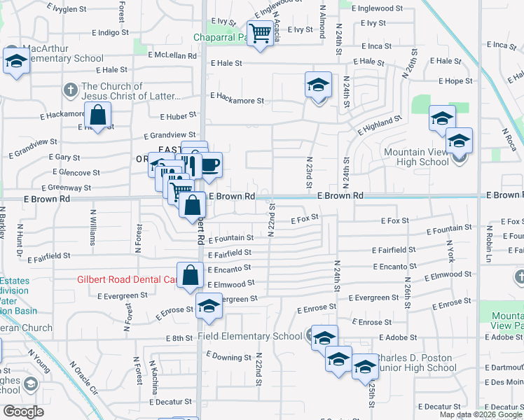 map of restaurants, bars, coffee shops, grocery stores, and more near 2059 East Brown Road in Mesa
