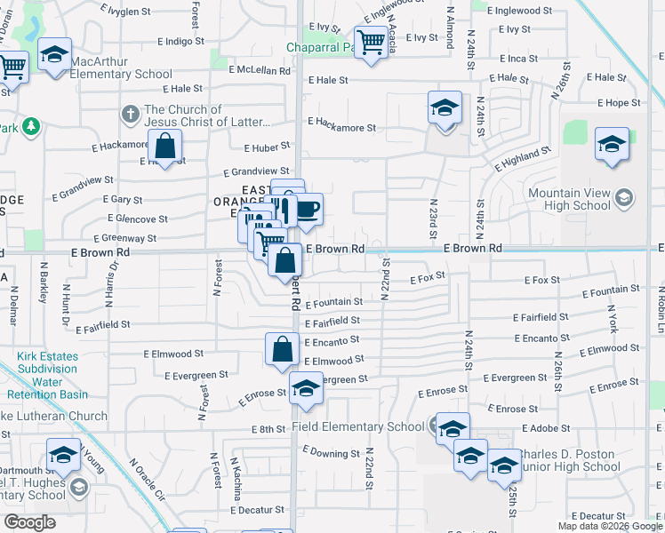 map of restaurants, bars, coffee shops, grocery stores, and more near 2059 North Villas Valencia in Mesa
