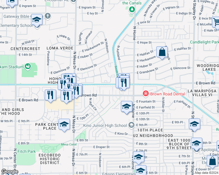 map of restaurants, bars, coffee shops, grocery stores, and more near 1150 North Wedgewood Circle in Mesa