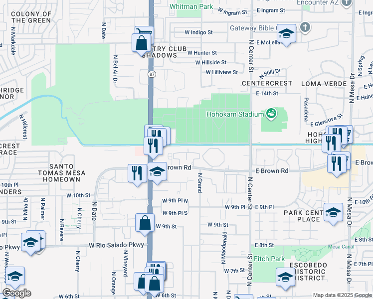 map of restaurants, bars, coffee shops, grocery stores, and more near 242 West Brown Road in Mesa