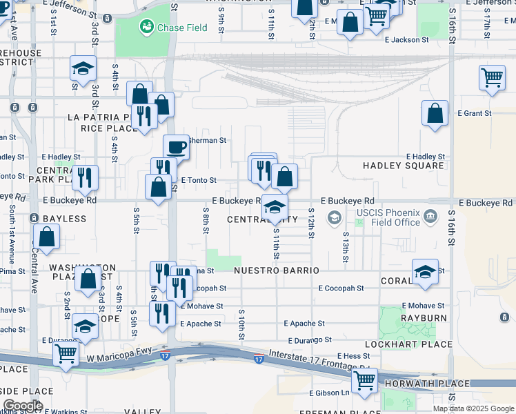 map of restaurants, bars, coffee shops, grocery stores, and more near 917 East Buckeye Road in Phoenix