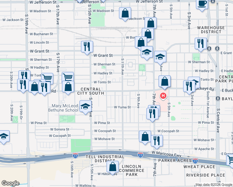 map of restaurants, bars, coffee shops, grocery stores, and more near 1109 West Buckeye Road in Phoenix