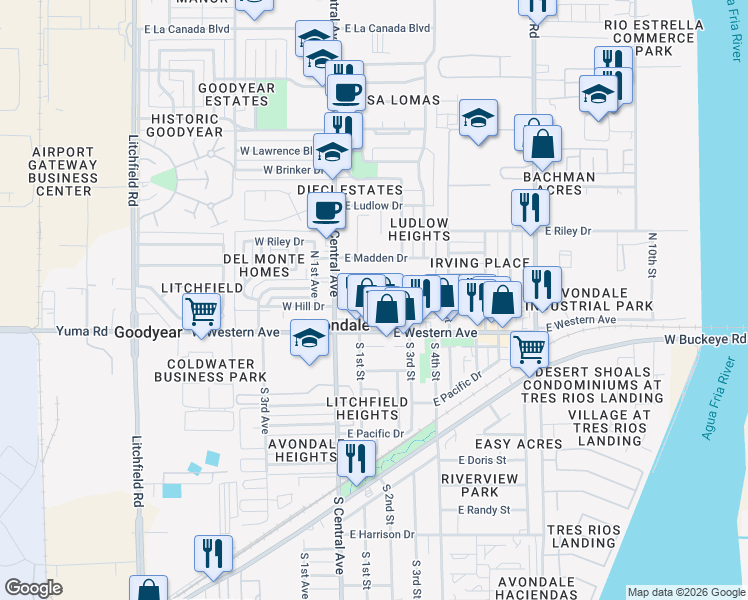 map of restaurants, bars, coffee shops, grocery stores, and more near 102 North 1st Street in Avondale