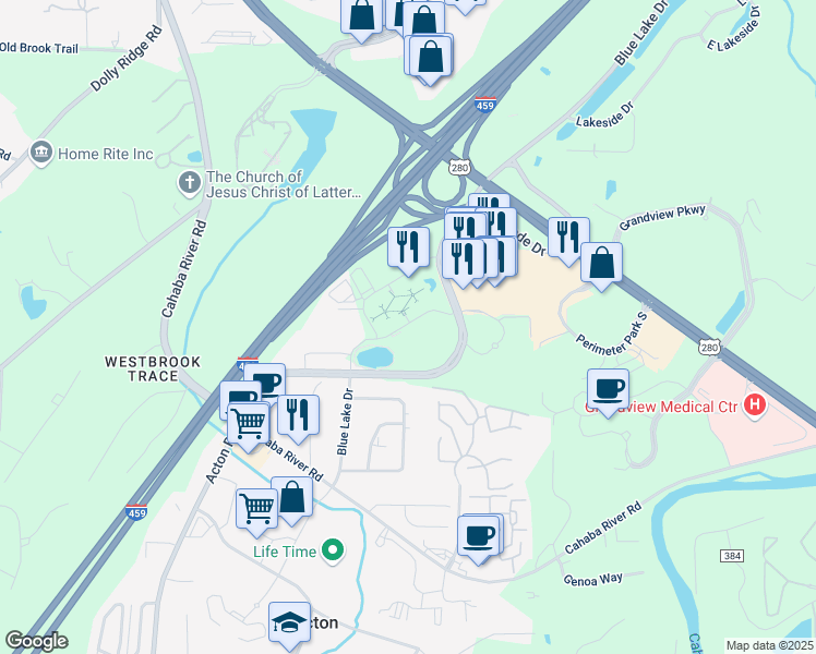 map of restaurants, bars, coffee shops, grocery stores, and more near 3800 Colonnade Parkway in Birmingham
