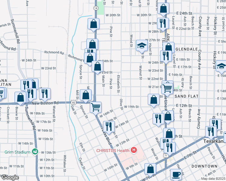 map of restaurants, bars, coffee shops, grocery stores, and more near 2011 Elizabeth Street in Texarkana