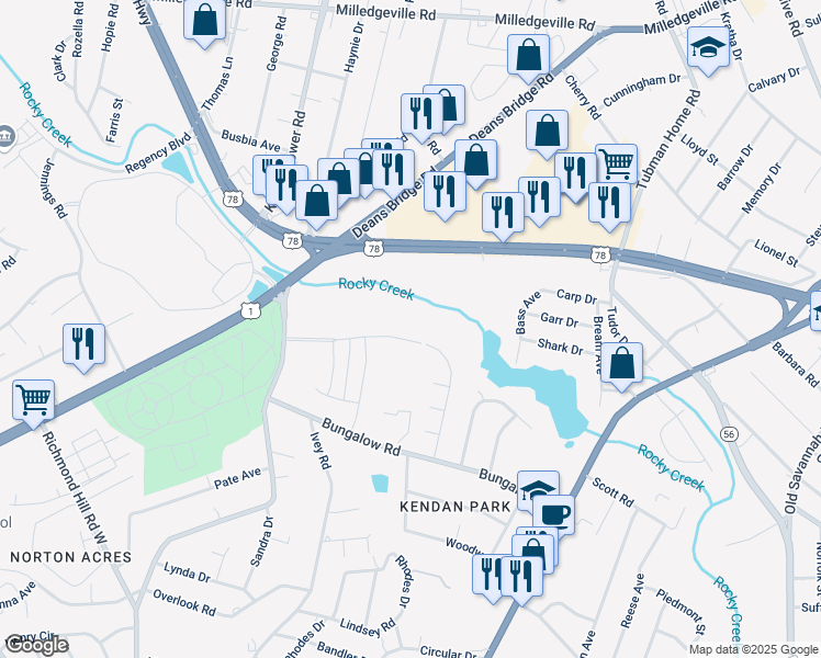 map of restaurants, bars, coffee shops, grocery stores, and more near 2205 Southgate Drive in Augusta