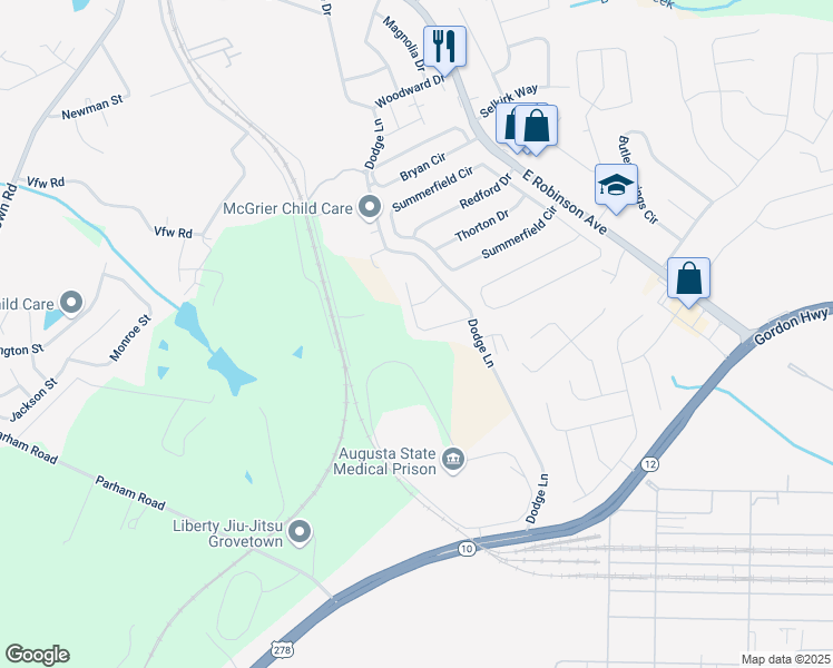 map of restaurants, bars, coffee shops, grocery stores, and more near 564 Beretta Drive in Grovetown