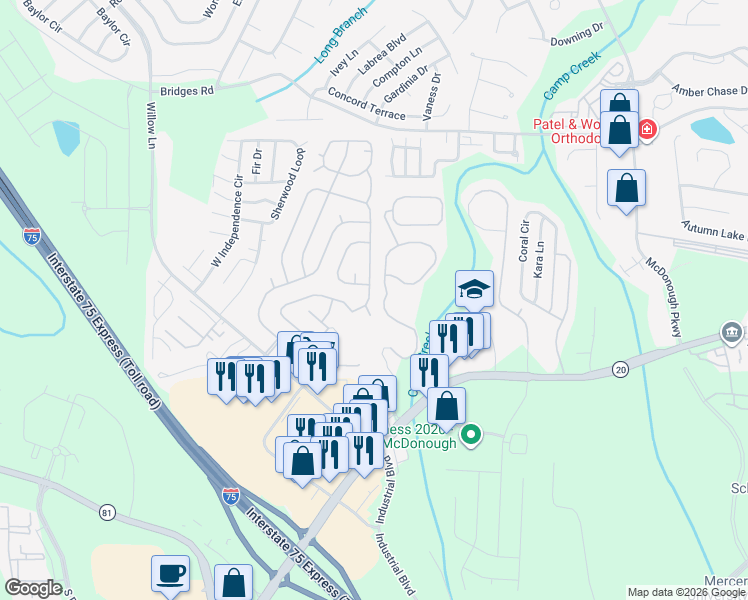 map of restaurants, bars, coffee shops, grocery stores, and more near 410 Robin Lane in McDonough