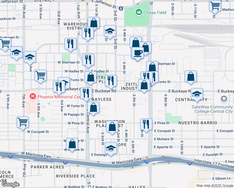 map of restaurants, bars, coffee shops, grocery stores, and more near 1207 South 3rd Street in Phoenix