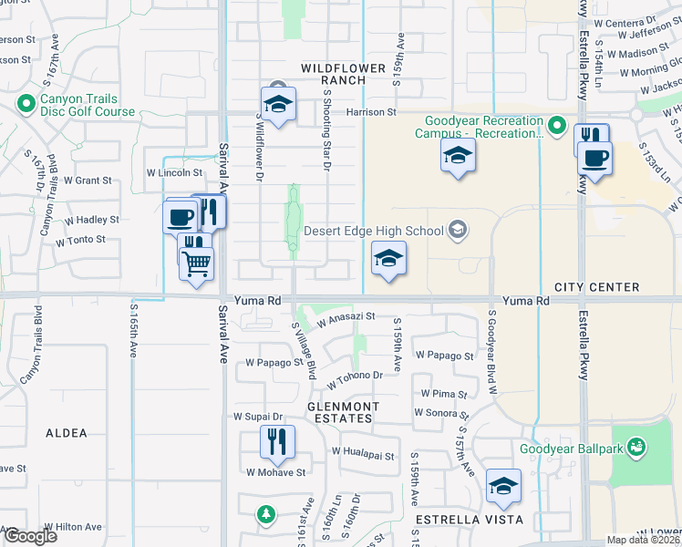 map of restaurants, bars, coffee shops, grocery stores, and more near 16038 West Maricopa Street in Goodyear