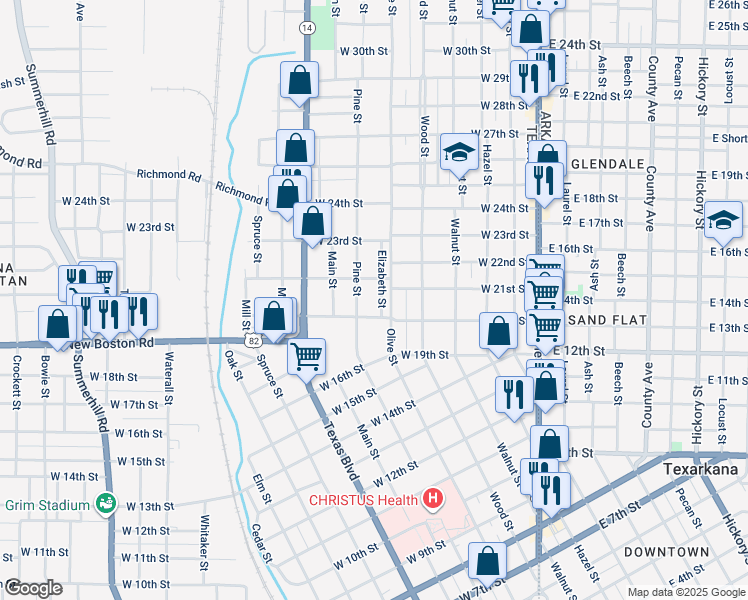map of restaurants, bars, coffee shops, grocery stores, and more near 2011 Elizabeth Street in Texarkana