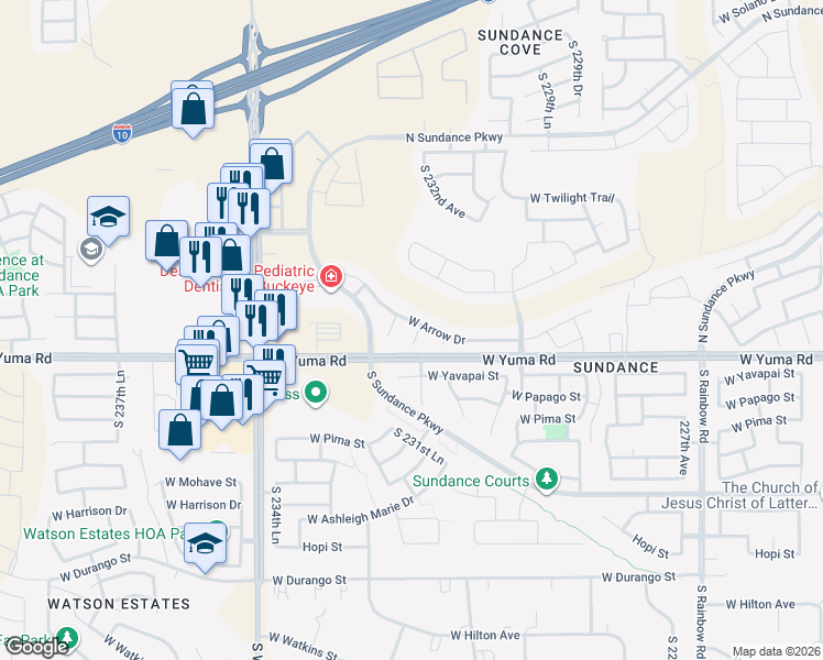 map of restaurants, bars, coffee shops, grocery stores, and more near 1121 South 232nd Lane in Buckeye