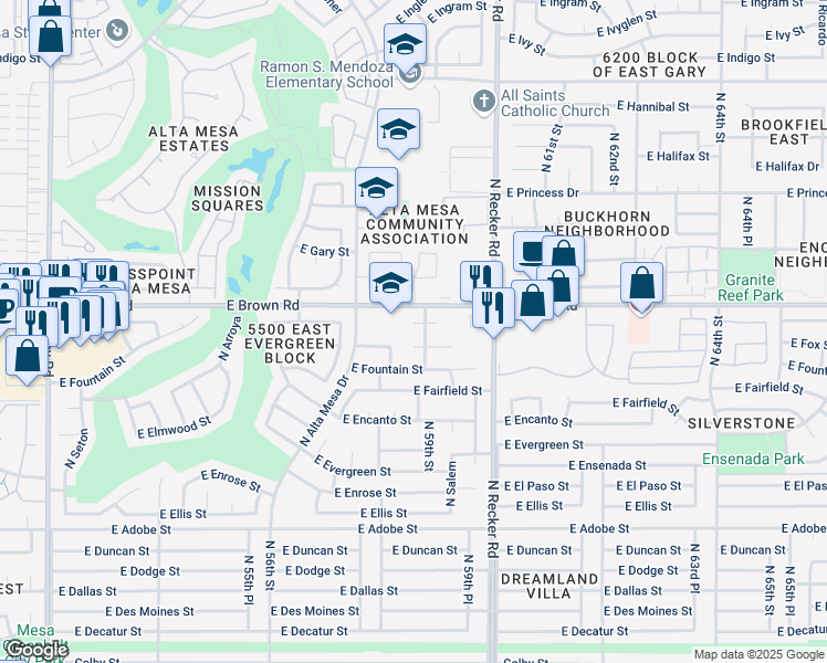 map of restaurants, bars, coffee shops, grocery stores, and more near 5839 East Fairbrook Circle in Mesa