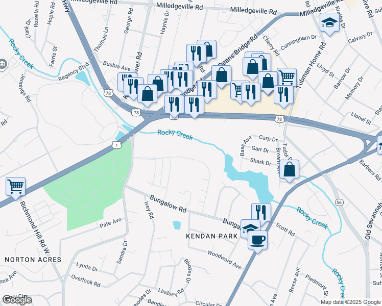 map of restaurants, bars, coffee shops, grocery stores, and more near 2205 Southgate Drive in Augusta