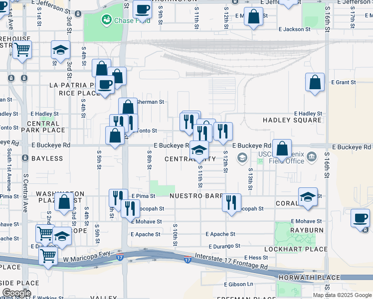 map of restaurants, bars, coffee shops, grocery stores, and more near 917 East Buckeye Road in Phoenix