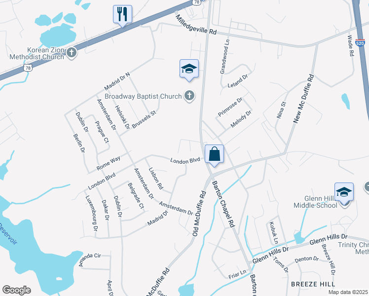 map of restaurants, bars, coffee shops, grocery stores, and more near 2375 Barton Chapel Road in Augusta