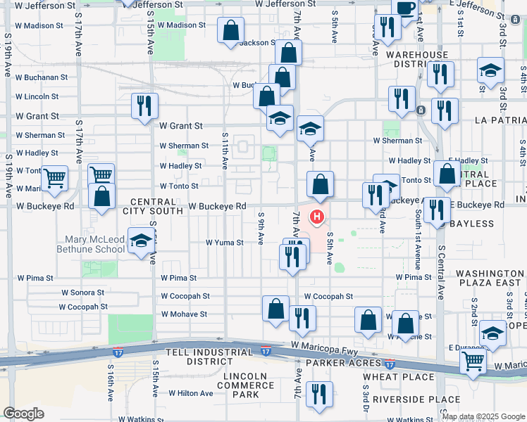 map of restaurants, bars, coffee shops, grocery stores, and more near 847 West Buckeye Road in Phoenix