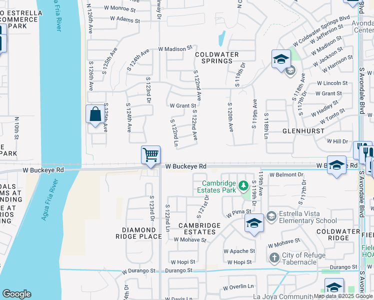 map of restaurants, bars, coffee shops, grocery stores, and more near 12225 West Maricopa Street in Avondale