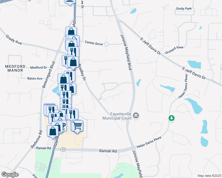map of restaurants, bars, coffee shops, grocery stores, and more near 200 Woodgate Drive in Fayetteville