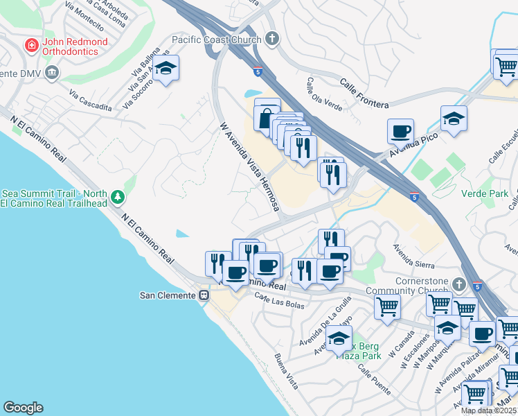 map of restaurants, bars, coffee shops, grocery stores, and more near 105 Via Salamanca in San Clemente