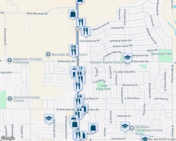 map of restaurants, bars, coffee shops, grocery stores, and more near 3201 North Alhambra Drive in Roswell