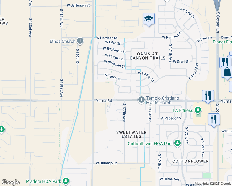 map of restaurants, bars, coffee shops, grocery stores, and more near 1102 South 177th Drive in Goodyear