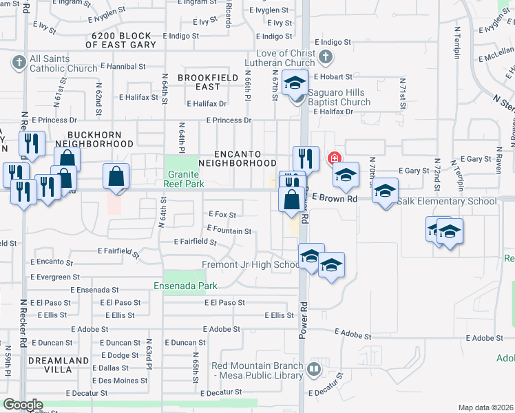 map of restaurants, bars, coffee shops, grocery stores, and more near 6647 East Fairbrook Circle in Mesa