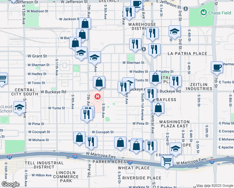 map of restaurants, bars, coffee shops, grocery stores, and more near 1114 South 3rd Drive in Phoenix