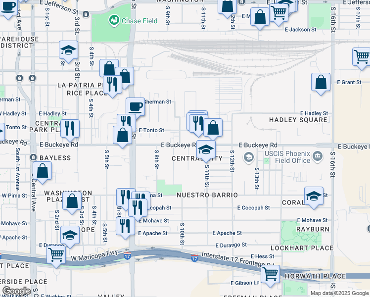 map of restaurants, bars, coffee shops, grocery stores, and more near 917 East Buckeye Road in Phoenix