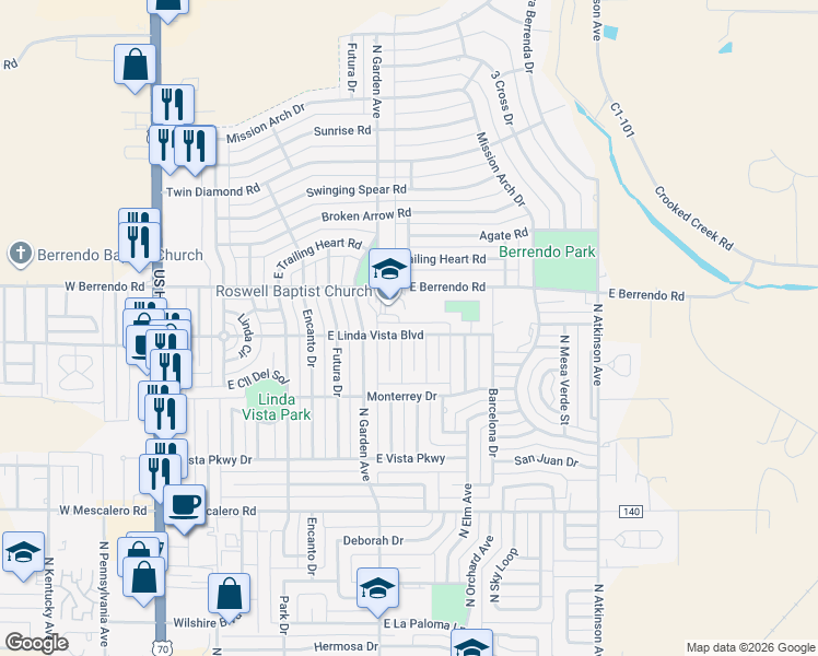 map of restaurants, bars, coffee shops, grocery stores, and more near 715 East Linda Vista Boulevard in Roswell