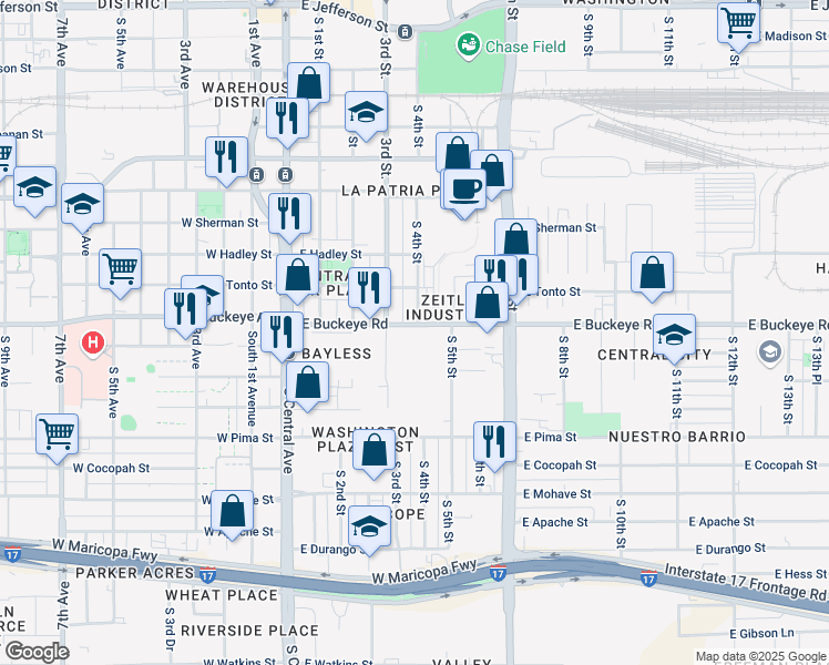 map of restaurants, bars, coffee shops, grocery stores, and more near 1207 South 3rd Street in Phoenix
