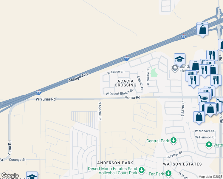 map of restaurants, bars, coffee shops, grocery stores, and more near 24217 West Tonto Street in Buckeye