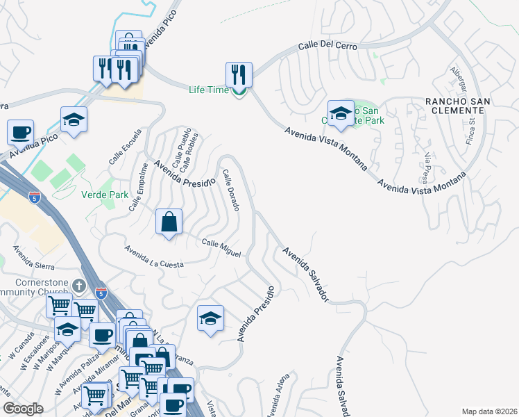 map of restaurants, bars, coffee shops, grocery stores, and more near 101 Avenida Salvador in San Clemente