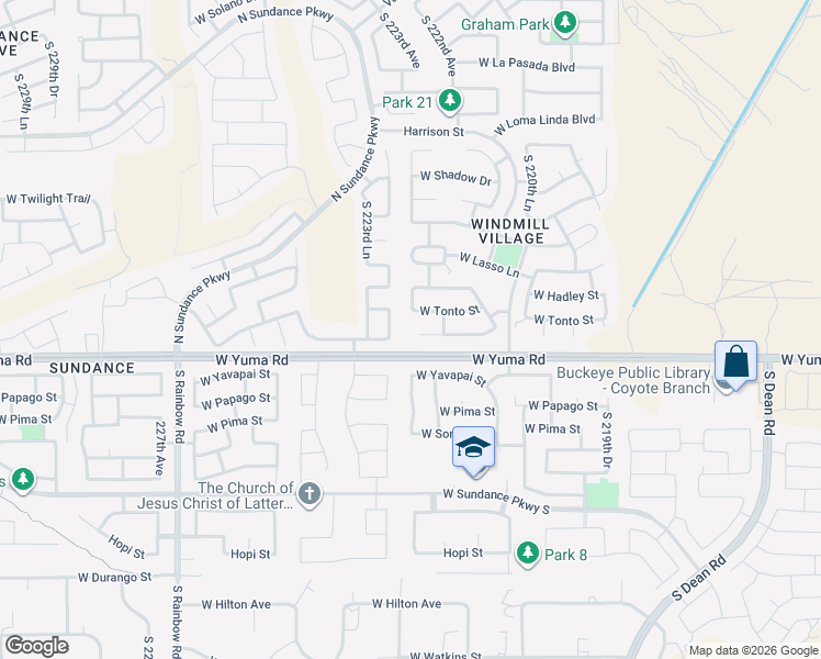 map of restaurants, bars, coffee shops, grocery stores, and more near 22276 West Desert Bloom Street in Buckeye