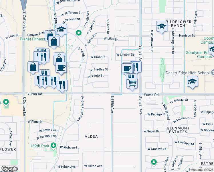 map of restaurants, bars, coffee shops, grocery stores, and more near 16524 West Maricopa Street in Goodyear