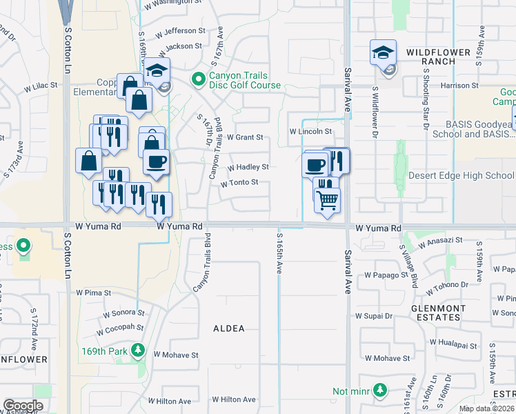 map of restaurants, bars, coffee shops, grocery stores, and more near 16524 West Maricopa Street in Goodyear