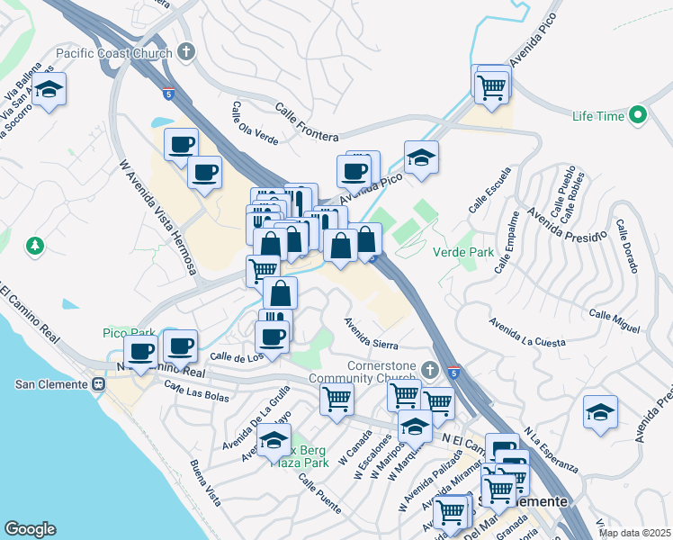 map of restaurants, bars, coffee shops, grocery stores, and more near 75 Via Pico Plaza in San Clemente