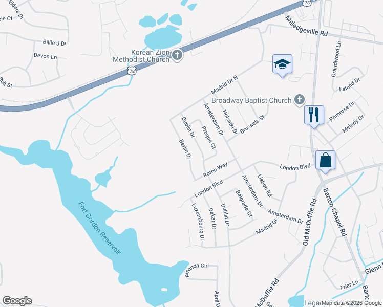 map of restaurants, bars, coffee shops, grocery stores, and more near 2362 Berlin Drive in Augusta