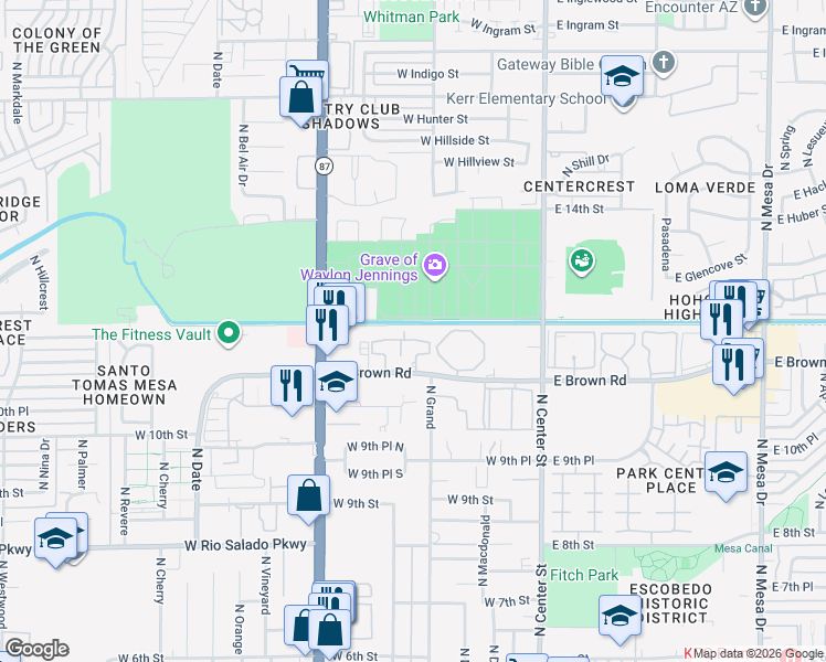 map of restaurants, bars, coffee shops, grocery stores, and more near 242 West Brown Road in Mesa