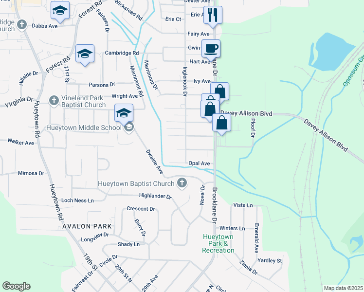 map of restaurants, bars, coffee shops, grocery stores, and more near 200 Nabors Avenue in Hueytown