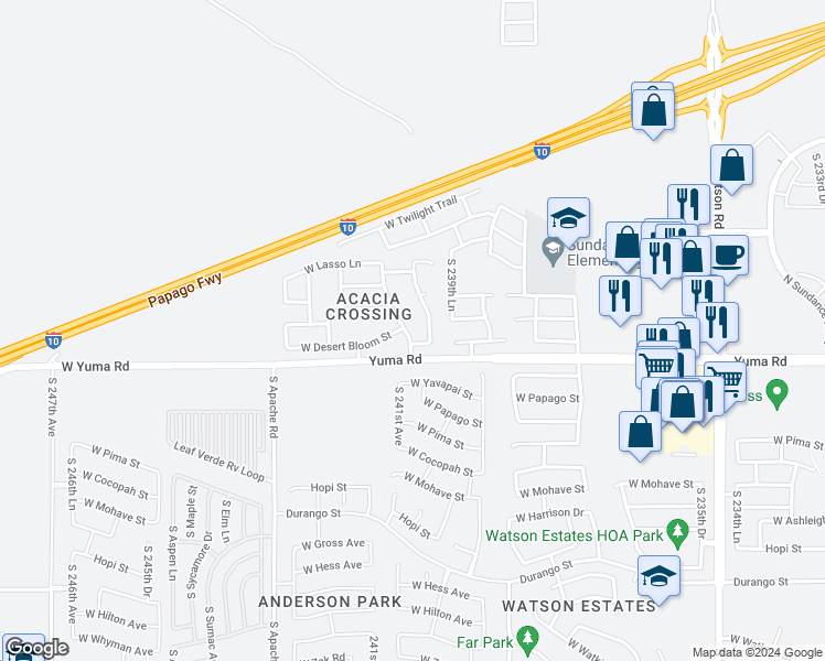 map of restaurants, bars, coffee shops, grocery stores, and more near 1095 South 241st Avenue in Buckeye