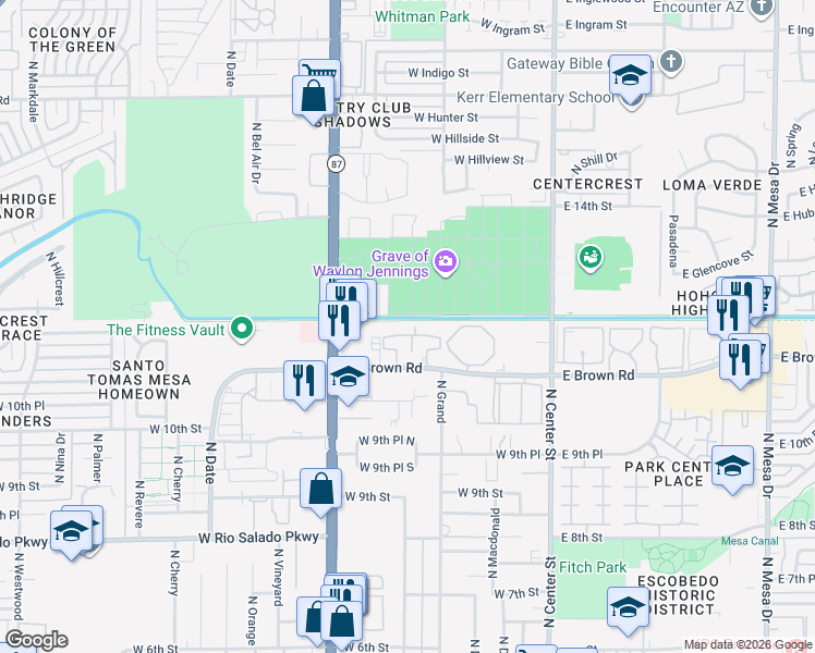 map of restaurants, bars, coffee shops, grocery stores, and more near 242 West Brown Road in Mesa