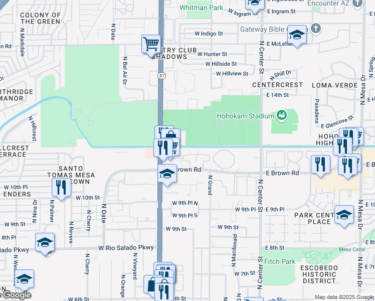 map of restaurants, bars, coffee shops, grocery stores, and more near 242 West Brown Road in Mesa