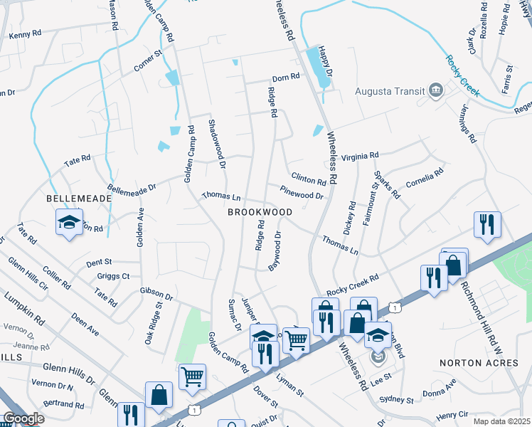 map of restaurants, bars, coffee shops, grocery stores, and more near 2404 Ridge Road in Augusta