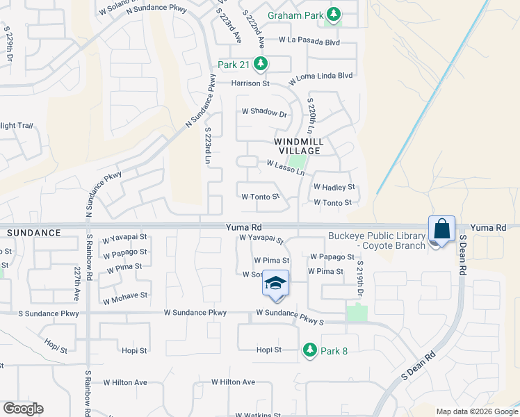 map of restaurants, bars, coffee shops, grocery stores, and more near 22214 West Desert Bloom Street in Buckeye